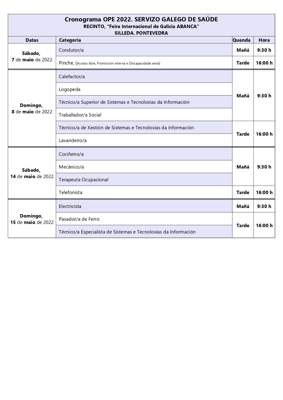 SERGAS. Se publican las fechas, sedes y  horarios de los exámenes de distintas categorías que se celebrarán los próximos días 7-8-14y 15  de mayo.